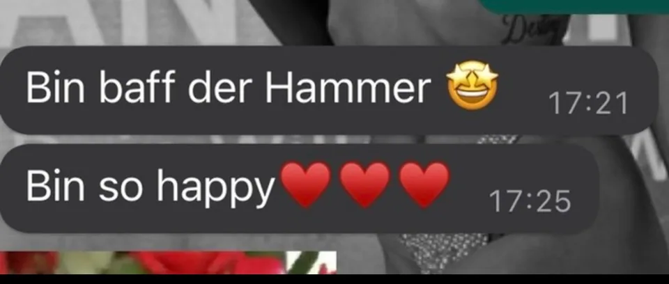 WhatsApp-Nachricht einer Kundin: Bin baff, der Hammer. Bin so happy.